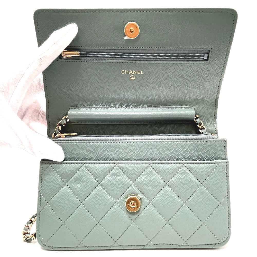 CHANEL AP0250 Matelasse CC Mark Classic Bag Wallet Chain Wallet Pochette Crossbody Shoulder Bag Caviar Leather Blue gray gray Used