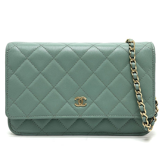 CHANEL AP0250 Matelasse CC Mark Classic Bag Wallet Chain Wallet Pochette Crossbody Shoulder Bag Caviar Leather Blue gray gray Used