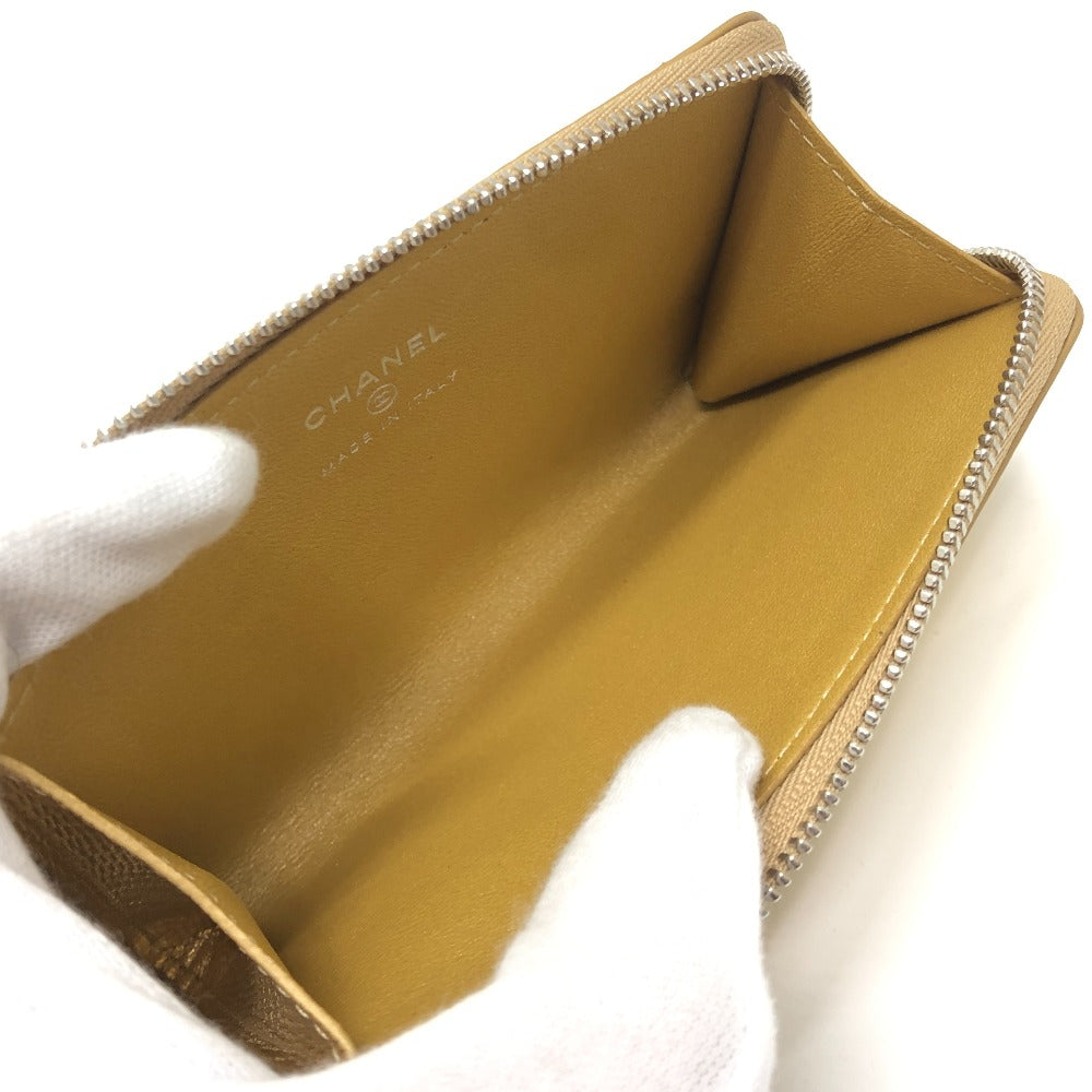 CHANEL AP5192 CC Mark Embossing L-shaped Fragment Case Mini Wallet coin purse Leather Gold Used