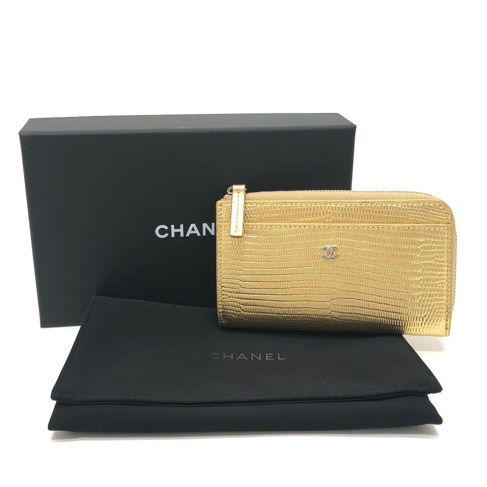CHANEL AP5192 CC Mark Embossing L-shaped Fragment Case Mini Wallet coin purse Leather Gold Used