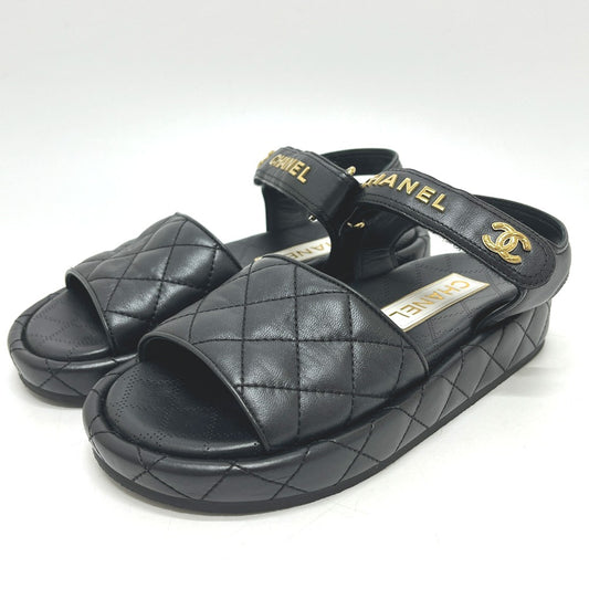 CHANEL G45430 Matelasse Logo CC Mark Velcro shoes Sandals Leather Black Used
