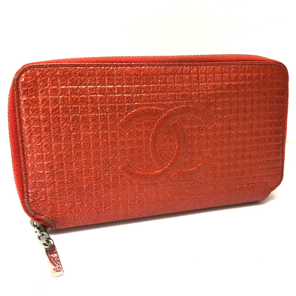 CHANEL A37188 Micro Chocolate Bar Round Zip Long Wallet, Patent Leather, Women's, Rouge (Red)