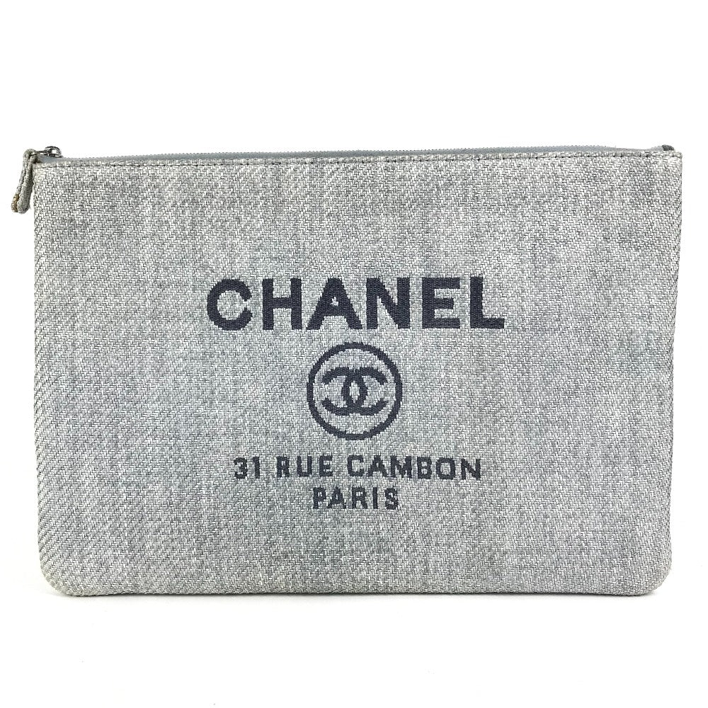 CHANEL ロゴ ドーヴィル ポーチ カバン クラッチバッグ キャンバス レディース ブルー