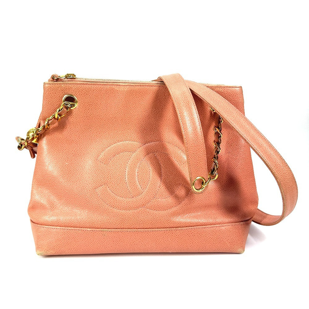 CHANEL ヴィンテージ CC ココマーク Wチェーン ロゴ 肩掛け カバン トートバッグ チェーンバッグ ショルダーバッグ キャビアスキン レディース ピンク - brandshop-reference