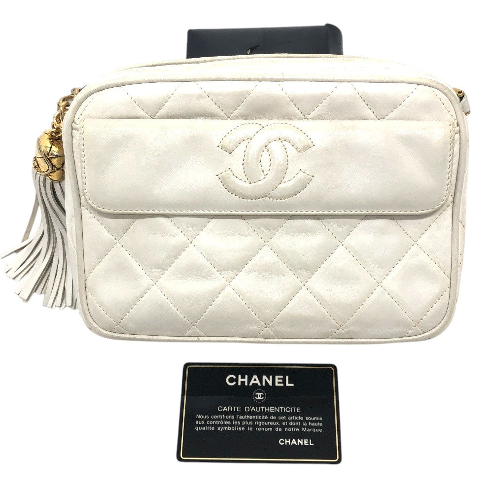 CHANEL Matelasse CC Mark Fringe Pochette Chain Crossbody Bag Shoulder Bag Lambskin Leather White Used