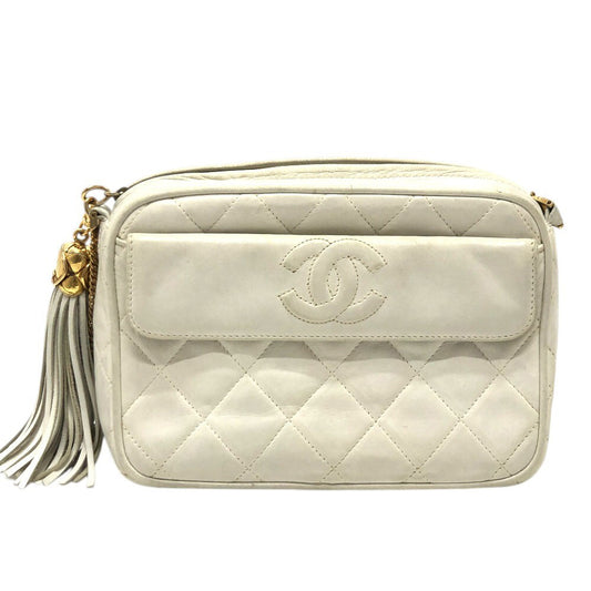 CHANEL Matelasse CC Mark Fringe Pochette Chain Crossbody Bag Shoulder Bag Lambskin Leather White Used