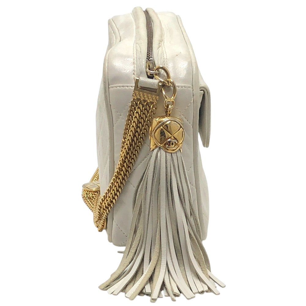 CHANEL Matelasse CC Mark Fringe Pochette Chain Crossbody Bag Shoulder Bag Lambskin Leather White Used