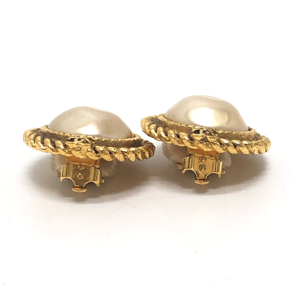 CHANEL vintage CC CC Mark logo Chain & Faux Pearl Clip-on Earrings Metal Gold Used