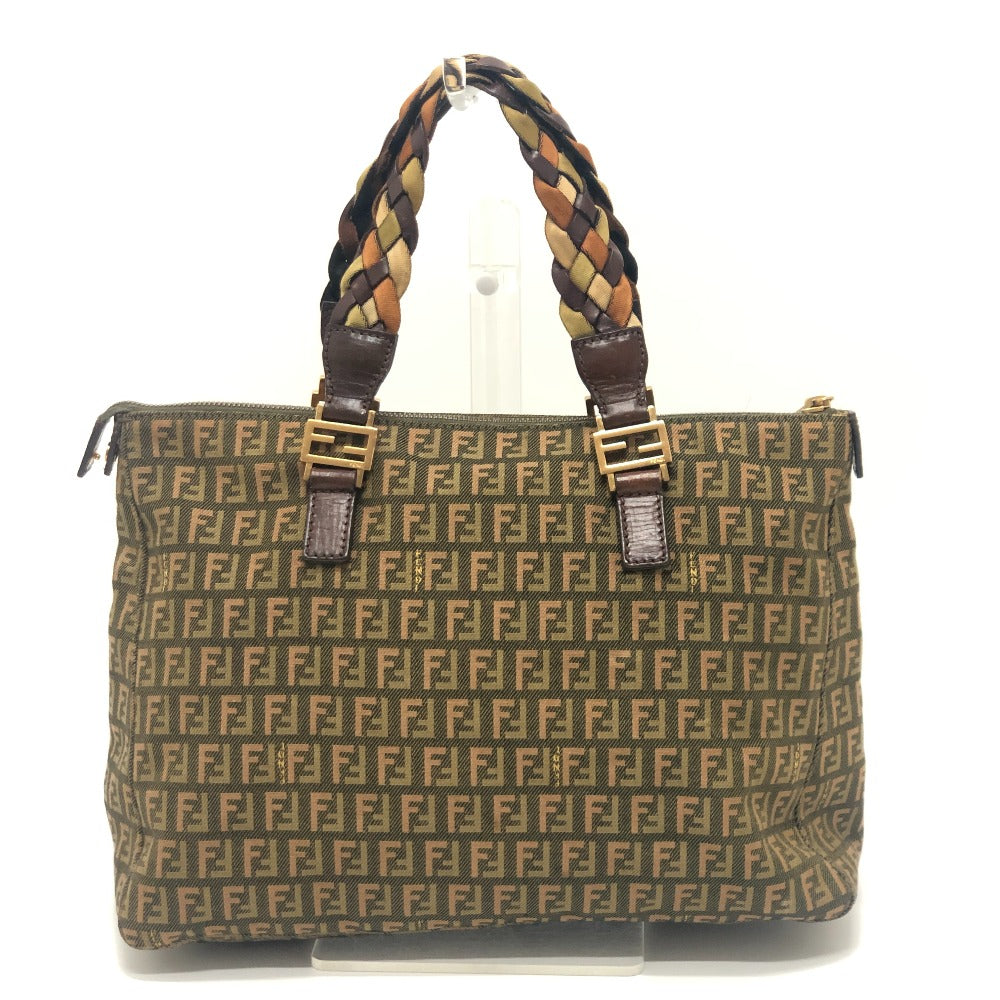 FENDI ズッカ柄 ズッキーノ柄 カバン 編み込みハンドル トートバッグ ハンドバッグ キャンバス レディース カーキ