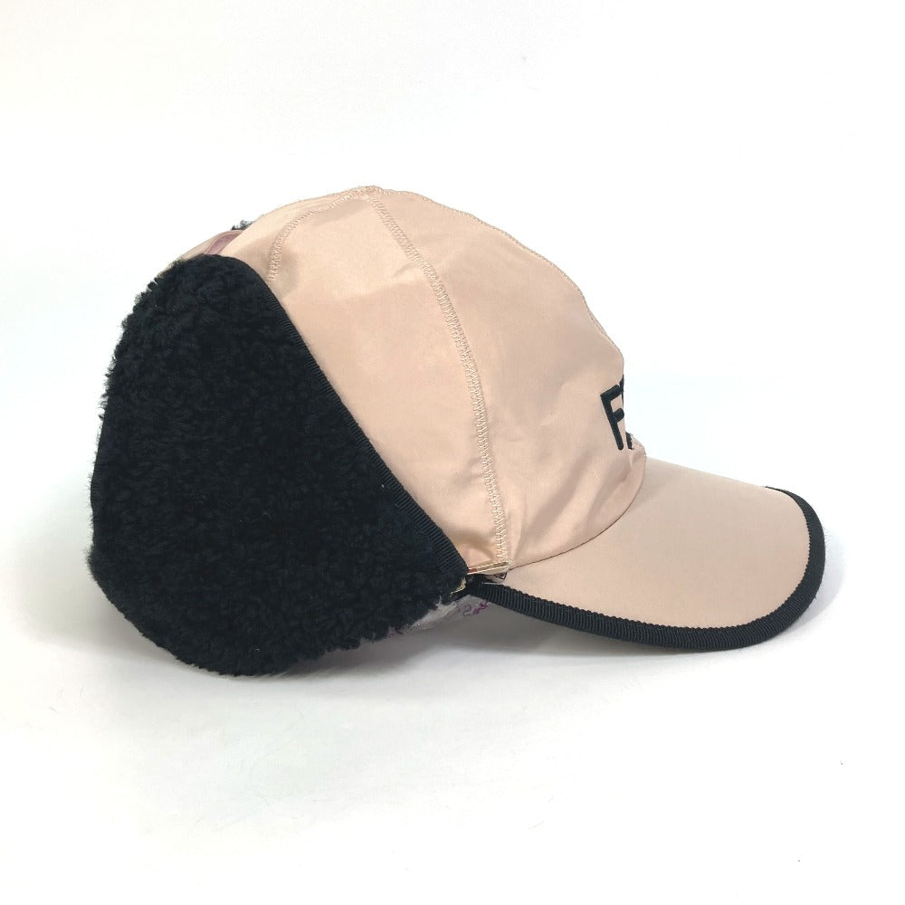 FENDI FXQ679 Logo Flight Cap with Boa Lining, Polyester, Women's, Pink