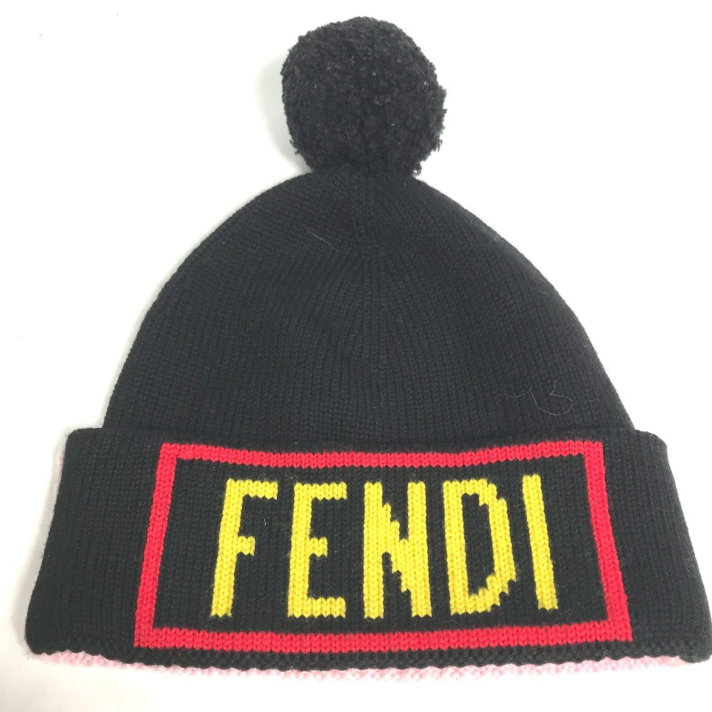 FENDI FXQ056 Two-Tone Logo Pom-Pom Beanie Hat, Knit Cap, Wool, Women's, Pink