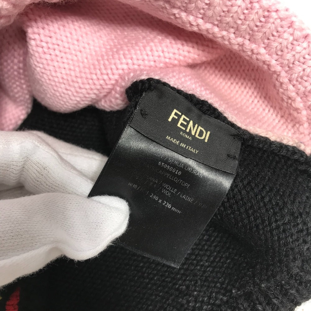 FENDI FXQ056 Two-Tone Logo Pom-Pom Beanie Hat, Knit Cap, Wool, Women's, Pink