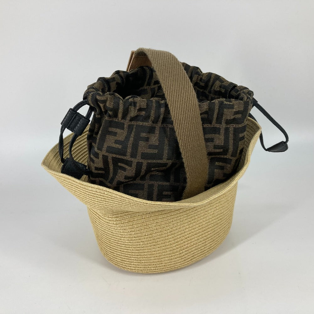 FENDI FXQ891 Handbag AIJE RAFFIA BUCKET Hat Bucket Hat &amp; Drawstring Bag Hat Bucket Hat Bob Hat Leather Women's Beige