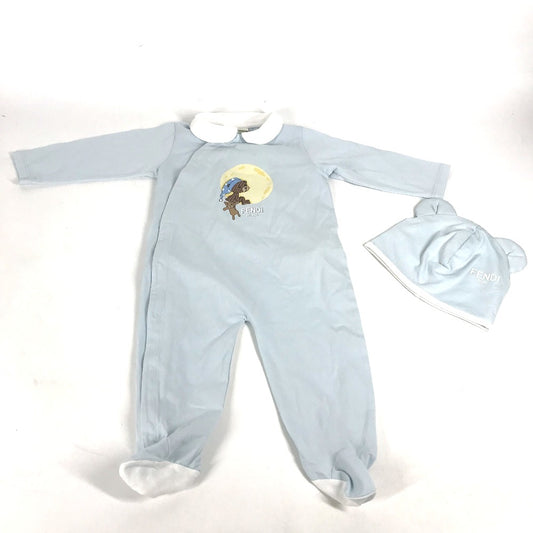 FENDI BUK114 Baby Teddy Bear Romper and Knit Hat Set, Cotton, Blue, Kids', Zucca Bear, Top, Knit Hat