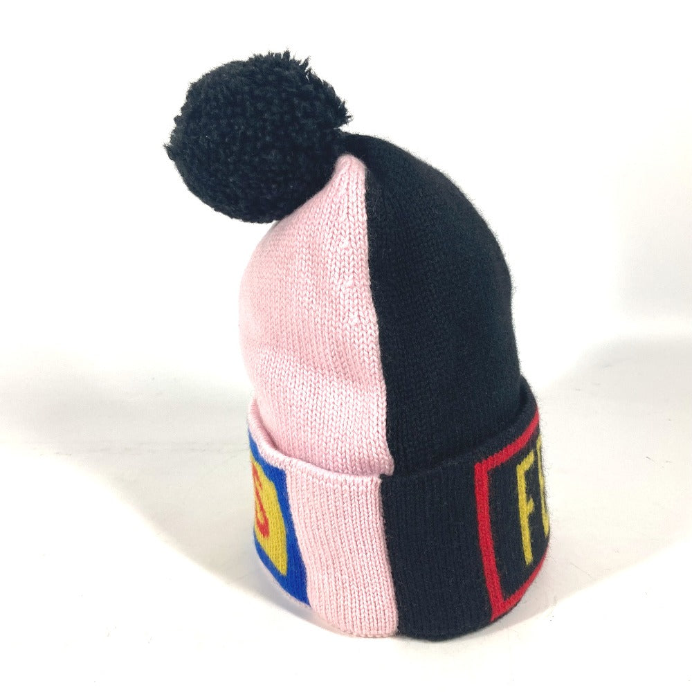 FENDI FXQ056 Logo Beanie Hat with Pom Pom Knit Cap Knit Cap Wool