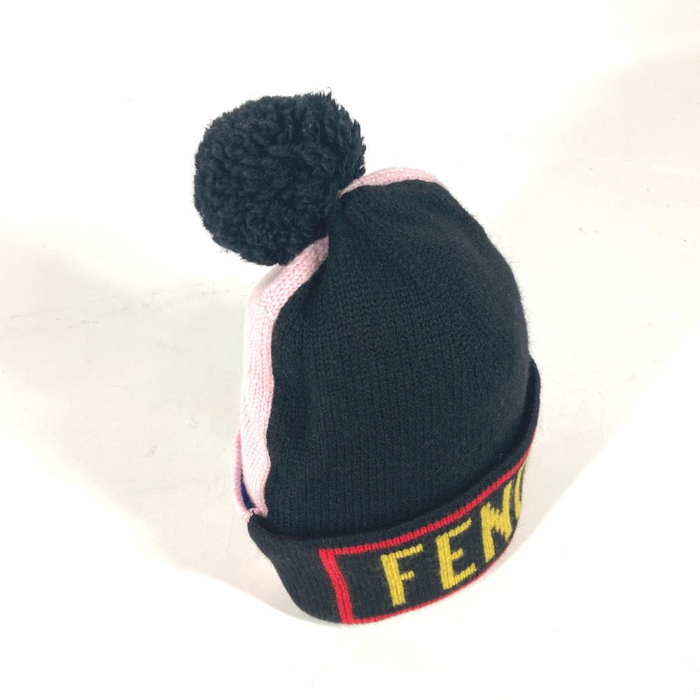 FENDI FXQ056 Logo Beanie Hat with Pom Pom Knit Cap Knit Cap Wool