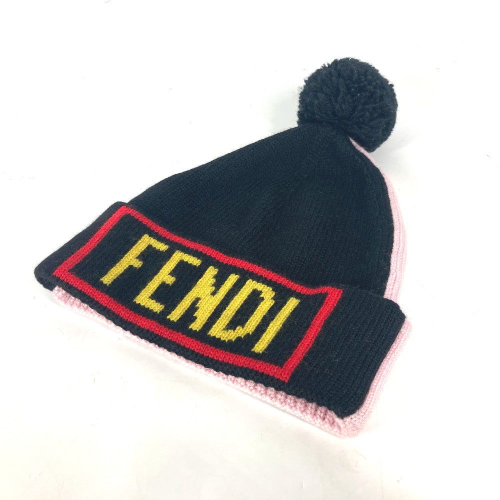 FENDI FXQ056 Logo Beanie Hat with Pom Pom Knit Cap Knit Cap Wool