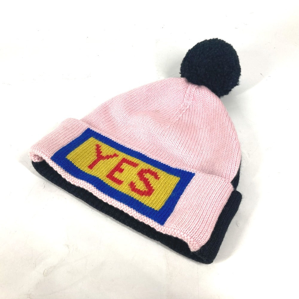 FENDI FXQ056 Logo Beanie Hat with Pom Pom Knit Cap Knit Cap Wool