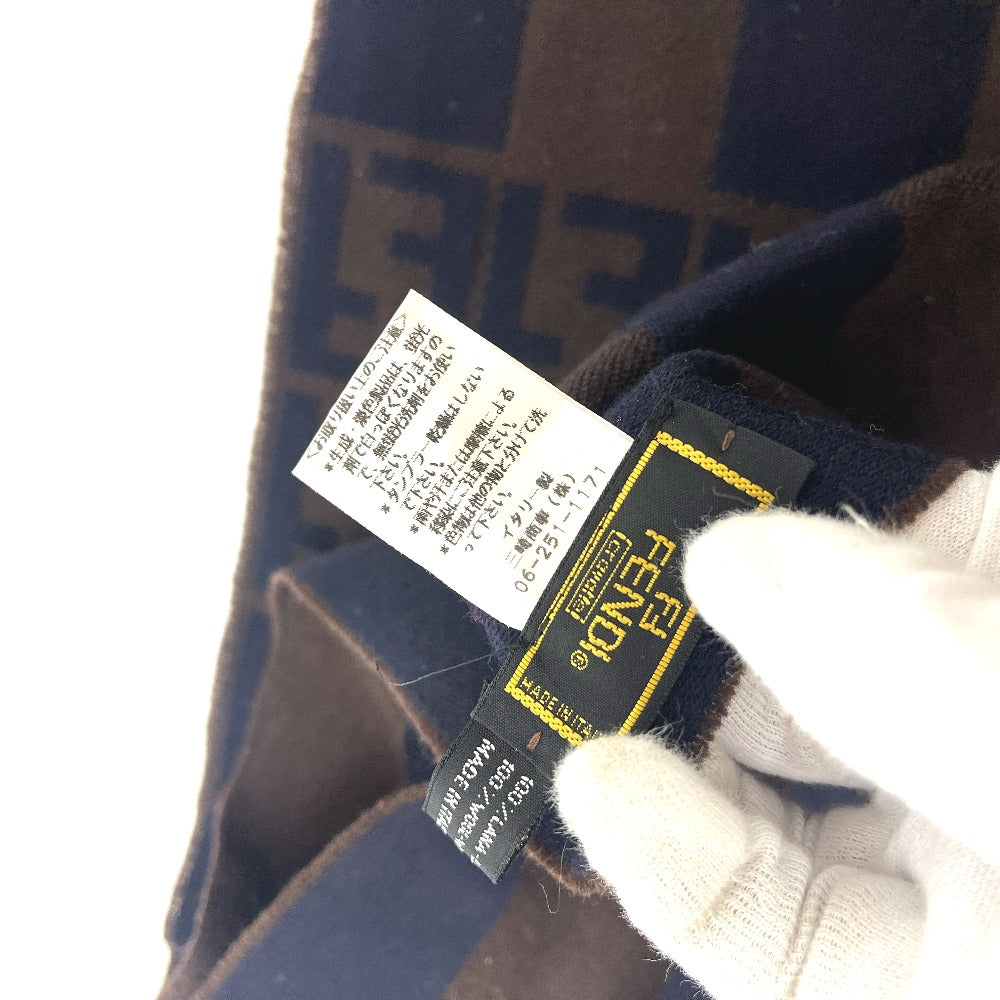 FENDI ズッカ柄 ペカン マフラー フリンジ ストール 防寒具 マフラー ウール レディース ネイビー
