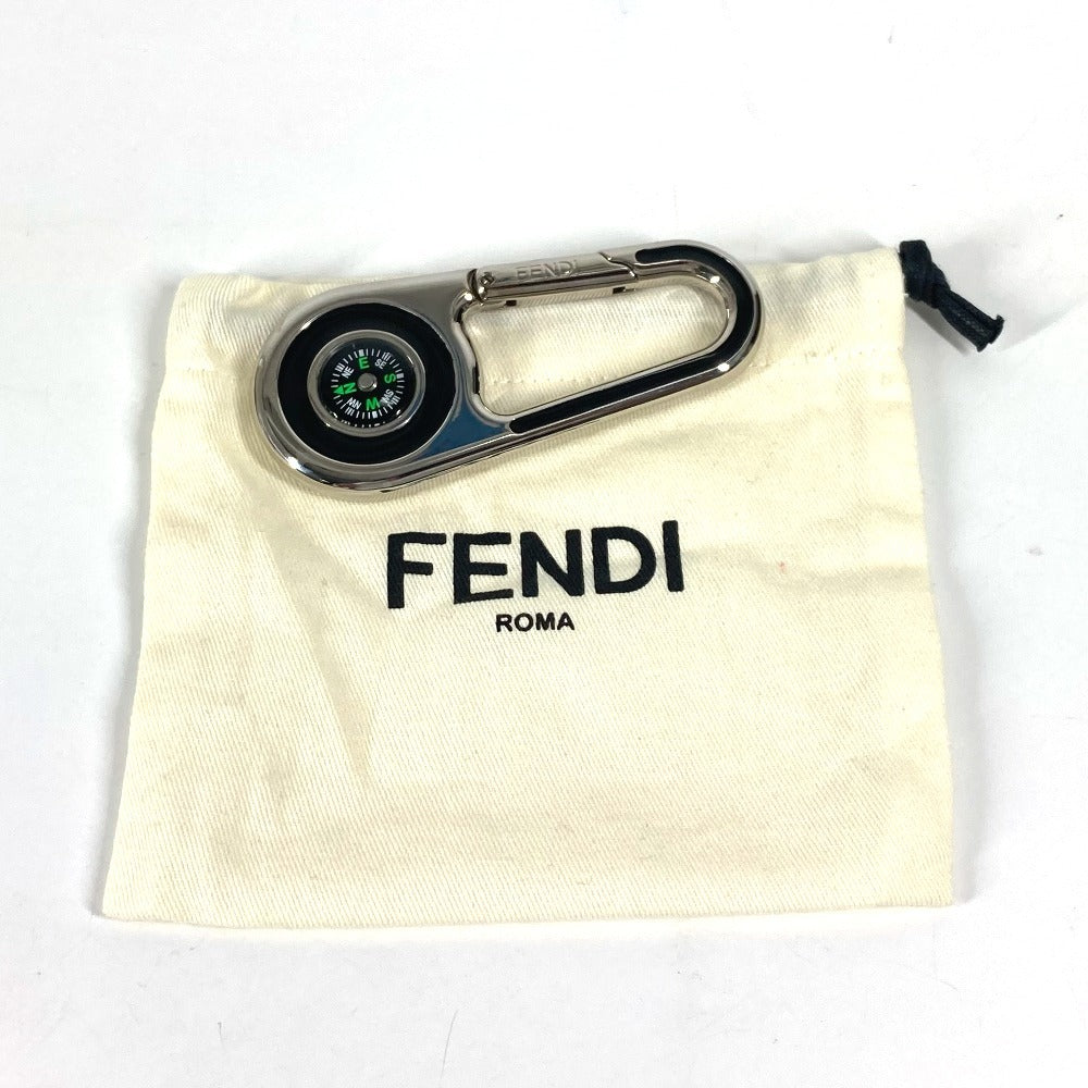 FENDI Logo compass carabiner Bag Charm Key Holder Metal Silver Used