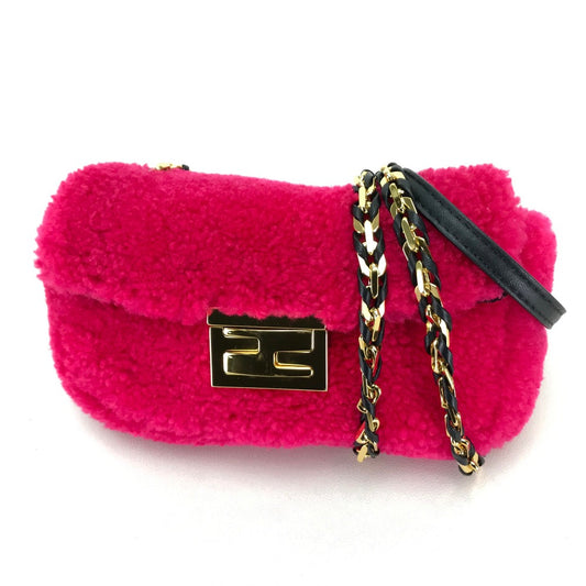 FENDI 8M0315 Mini Baguette Crossbody Pochette Shoulder Bag in Mouton, Women's, Pink and Fuchsia Pink