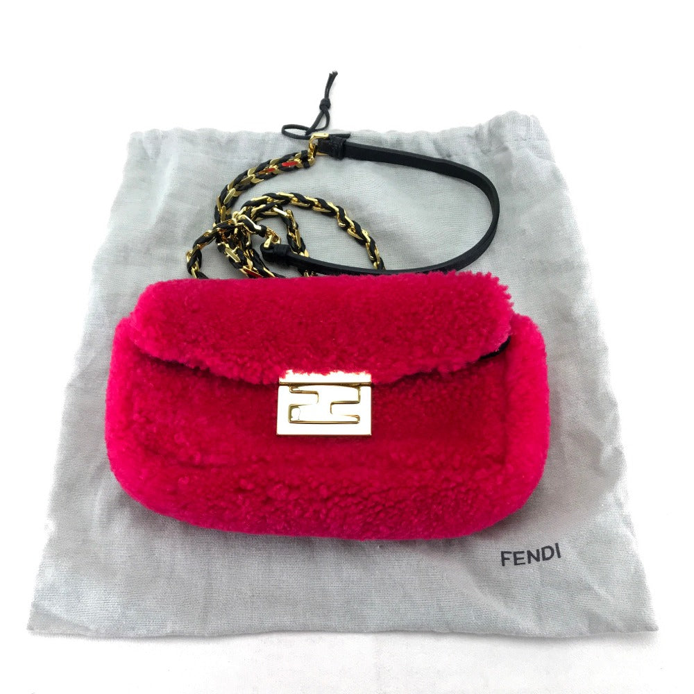 FENDI 8M0315 Mini Baguette Crossbody Pochette Shoulder Bag in Mouton, Women's, Pink and Fuchsia Pink