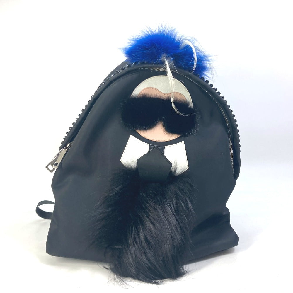 FENDI 7VZ016 バックパック カバン カールラガーフェルド ファー スタッズ リュックサック ナイロン レディース ブラック