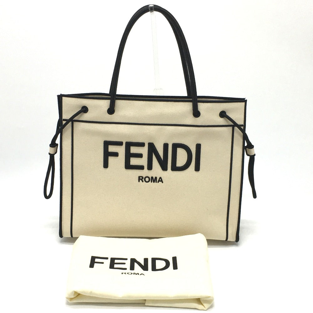 FENDI 8BH379 Logo Roma Shopper Bag Large Tote Bag Canvas Women's Grezzo Natural Beige &amp; Black