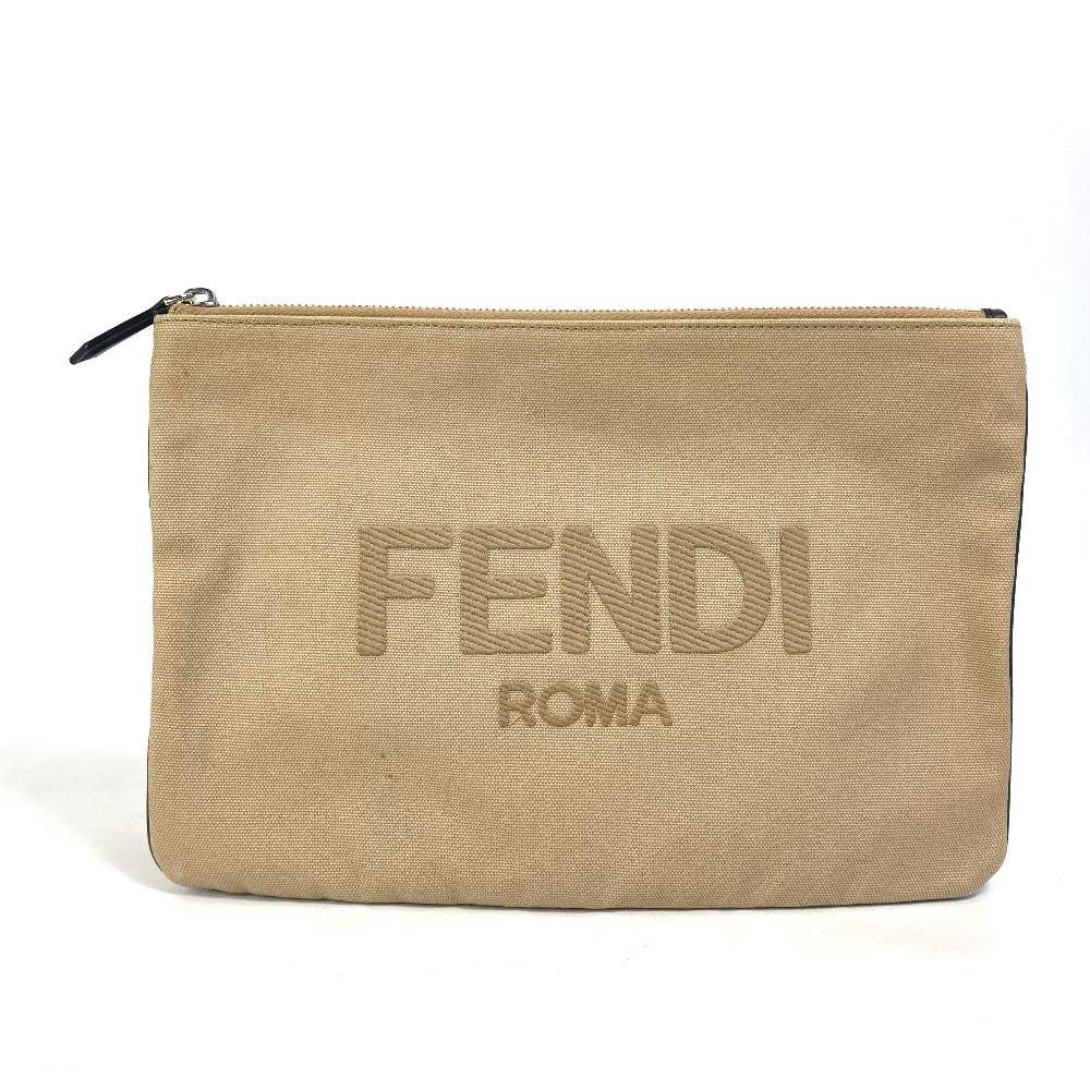 FENDI Pouch Logo Clutch Bag Canvas Women's Beige