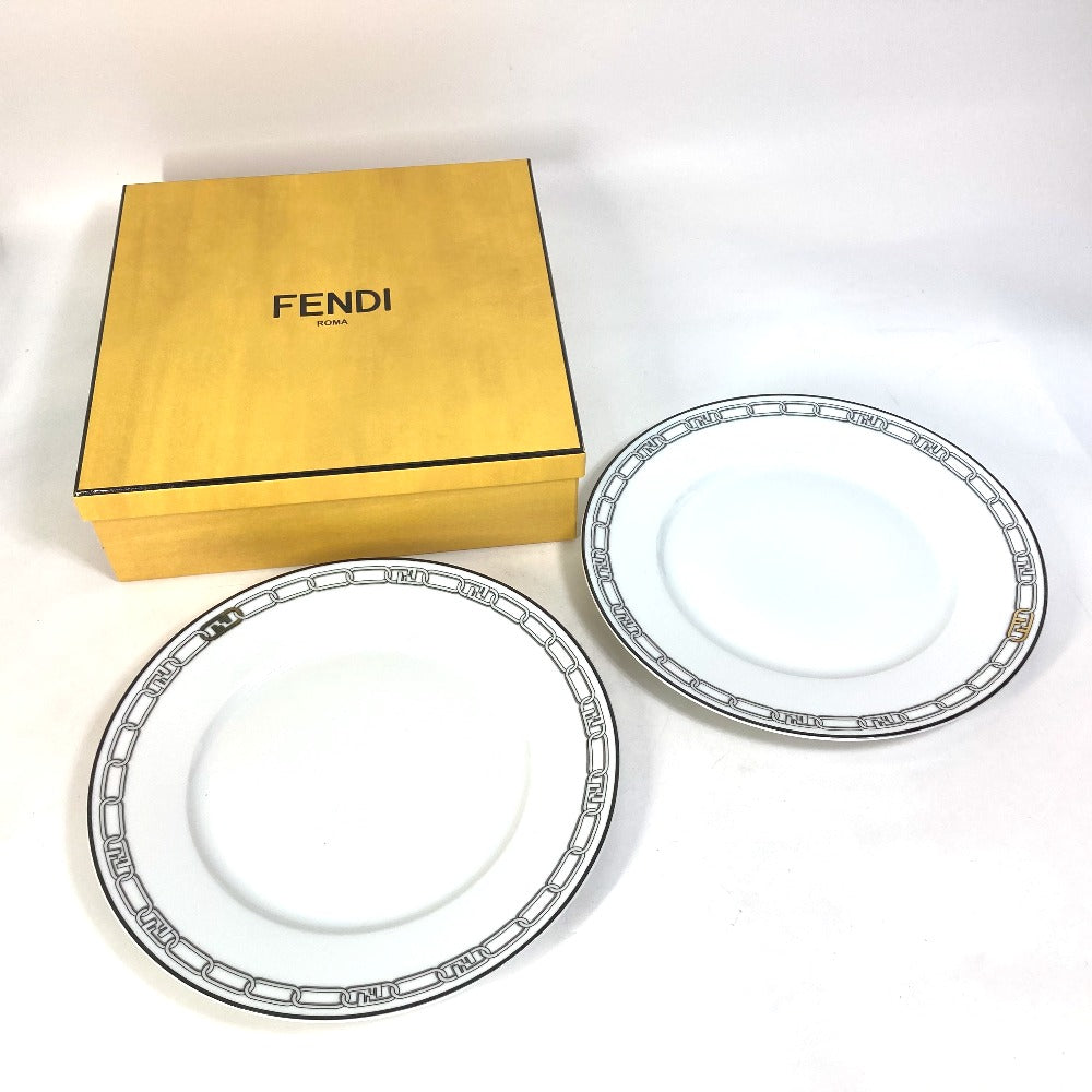 FENDI 7AC045 ホワイト磁器 食器 インテリア 2枚セット ペア オーロック プレート 2点セット ディナープレート お皿 ポーセリン レディース - brandshop-reference