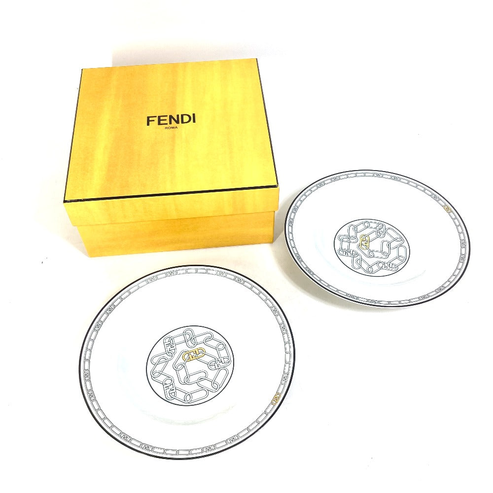 FENDI 7AC046 ホワイト磁器 食器 インテリア 2枚セット ペア オーロック プレート2点セット ホワイト磁器 スーププレート お皿 ポーセリン レディース - brandshop-reference