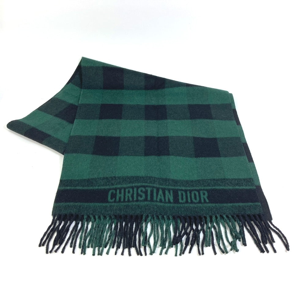 Dior 95CHE200100 Logo Fringe Check Pattern Large Wool Shawl Scarf Women's Green