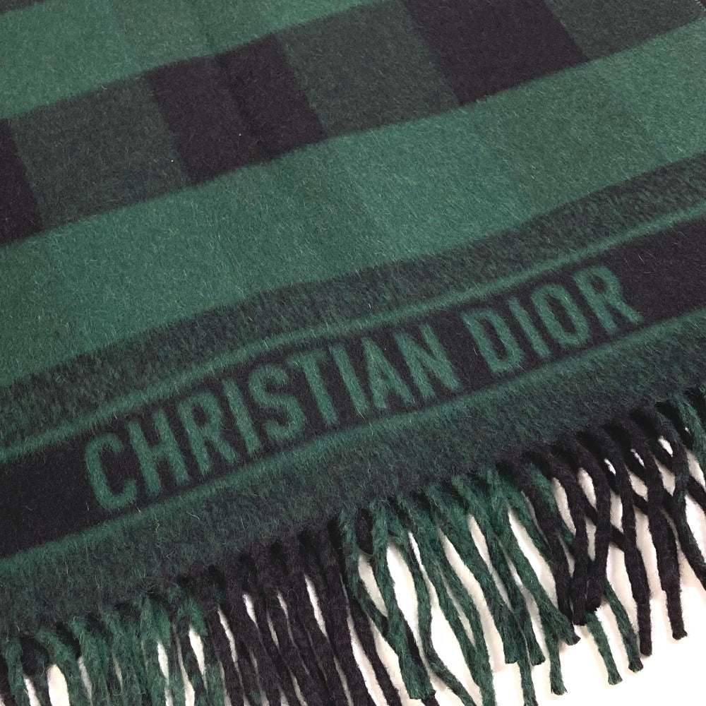 Dior 95CHE200100 Logo Fringe Check Pattern Large Wool Shawl Scarf Women's Green