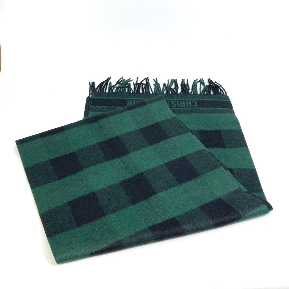 Dior 95CHE200100 Logo Fringe Check Pattern Large Wool Shawl Scarf Women's Green
