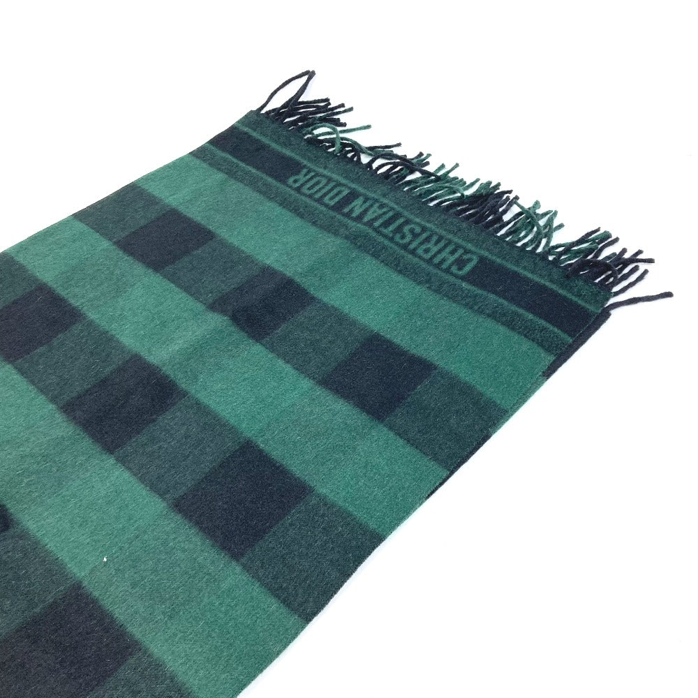 Dior 95CHE200100 Logo Fringe Check Pattern Large Wool Shawl Scarf Women's Green