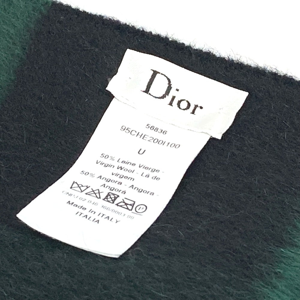 Dior 95CHE200100 Logo Fringe Check Pattern Large Wool Shawl Scarf Women's Green