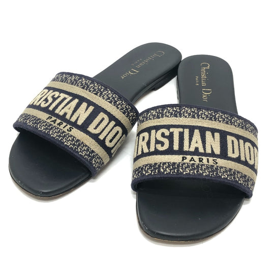 Dior Dway Slide Embroidered Cotton Shoes Flats Mules Sandals Jacquard Women's Navy