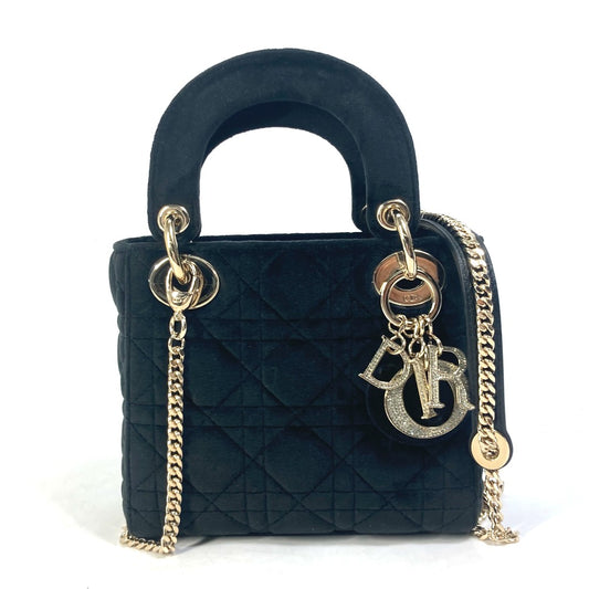 Dior LADY DIOR Chain Lady Dior Cannage Mini Rhinestone 2-Way Shoulder Bag/Handbag Velour/Leather Women's Black