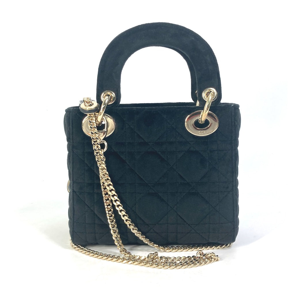 Dior LADY DIOR Chain Lady Dior Cannage Mini Rhinestone 2-Way Shoulder Bag/Handbag Velour/Leather Women's Black