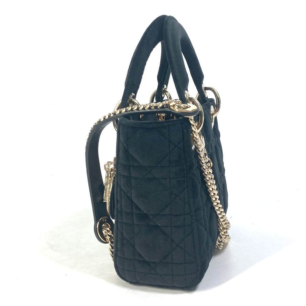 Dior LADY DIOR Chain Lady Dior Cannage Mini Rhinestone 2-Way Shoulder Bag/Handbag Velour/Leather Women's Black