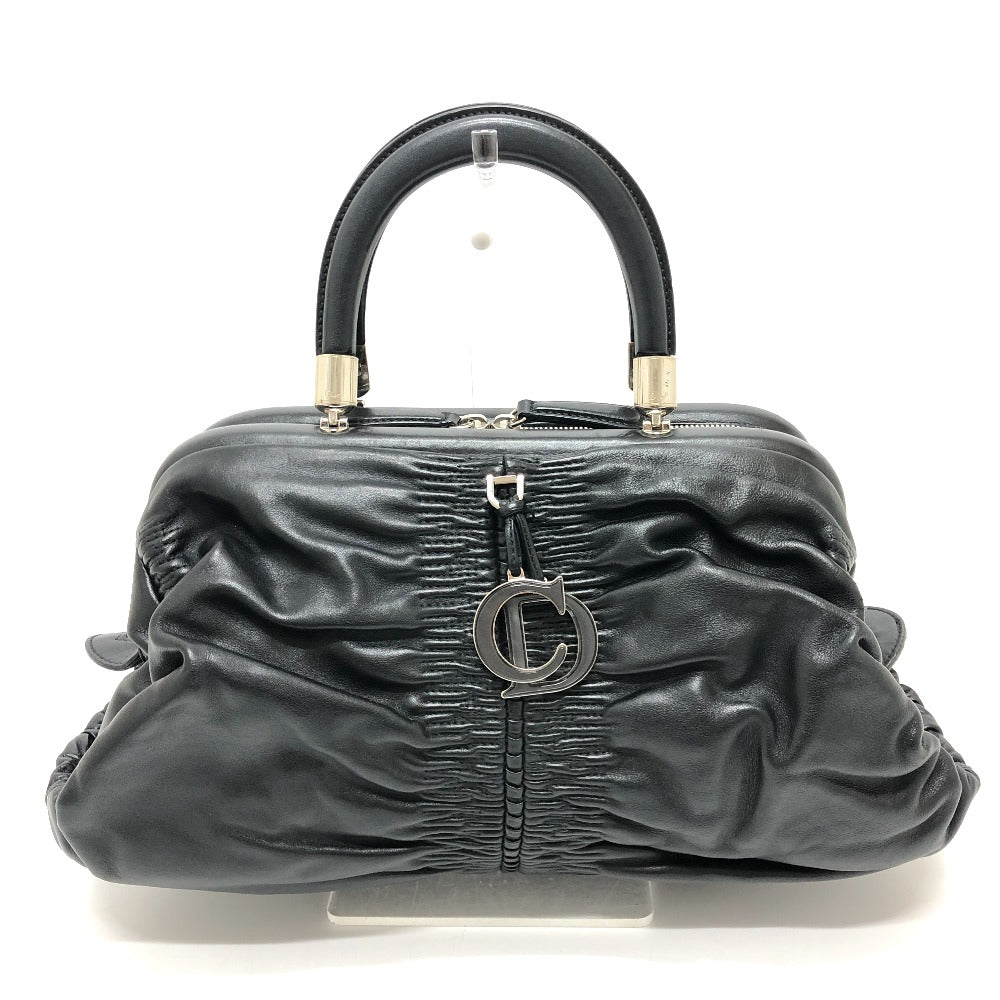 Dior カレーニナ CDロゴ カバン ロゴチャーム ギャザー ハンドバッグ レザー レディース ブラック