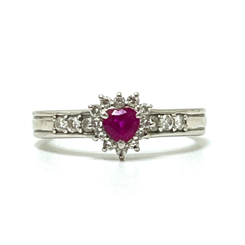 Jewelry Pt900 R0.30ct D0.24ct Ruby Heart Diamond Accessory Ring Pt900 Women's Silver