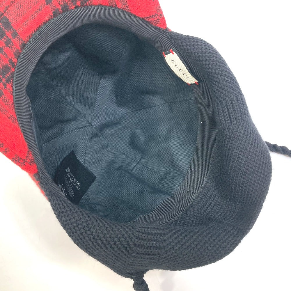GUCCI 439029 ニット帽 帽子 チェック ポンポンつき キャップ コットン レディース レッド