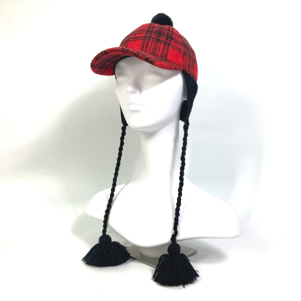 GUCCI 439029 ニット帽 帽子 チェック ポンポンつき キャップ コットン レディース レッド