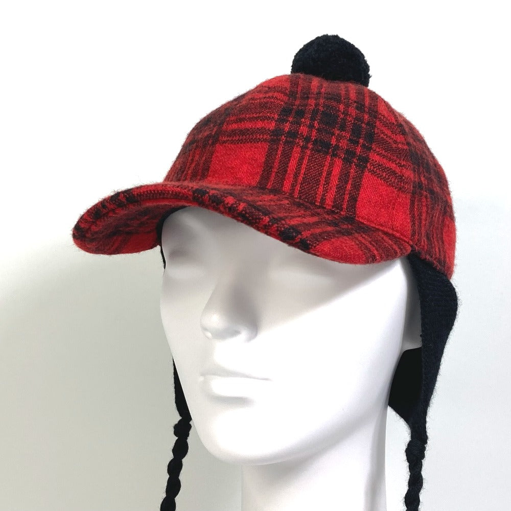 GUCCI 439029 ニット帽 帽子 チェック ポンポンつき キャップ コットン レディース レッド