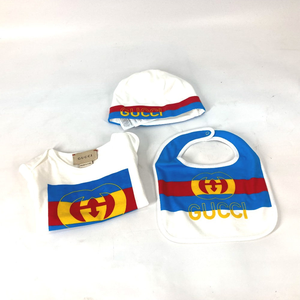 GUCCI 516326 Baby Gift Set: 3-Piece Set with Romper, Knit Hat, and Bib. Cotton, White.