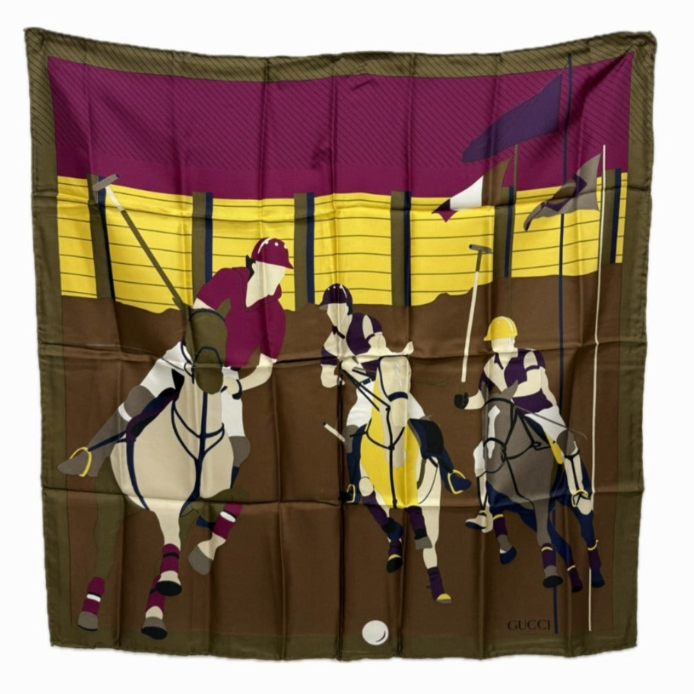 GUCCI オールドグッチ ジョッキーモチーフ ファッション小物 ヴィンテージ ポロ スカーフ シルク レディース ブラウン
