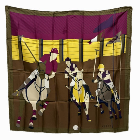 GUCCI オールドグッチ ジョッキーモチーフ ファッション小物 ヴィンテージ ポロ スカーフ シルク レディース ブラウン
