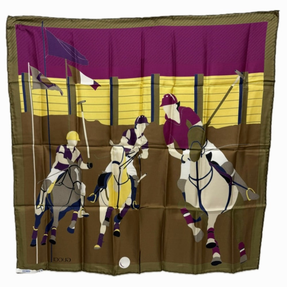 GUCCI オールドグッチ ジョッキーモチーフ ファッション小物 ヴィンテージ ポロ スカーフ シルク レディース ブラウン