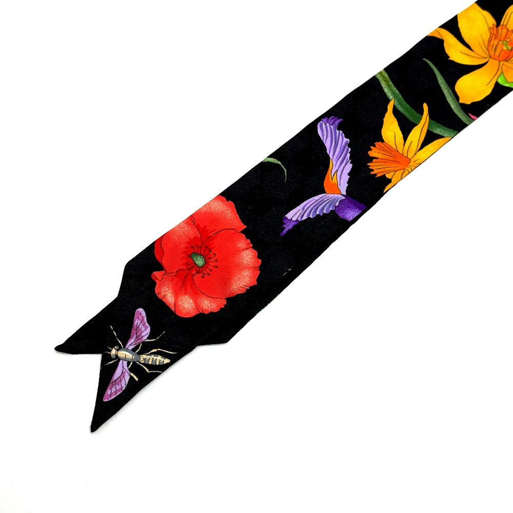 GUCCI 761704 GGフローラ プリント ネックボウ スカーフ シルク レディース ブラック